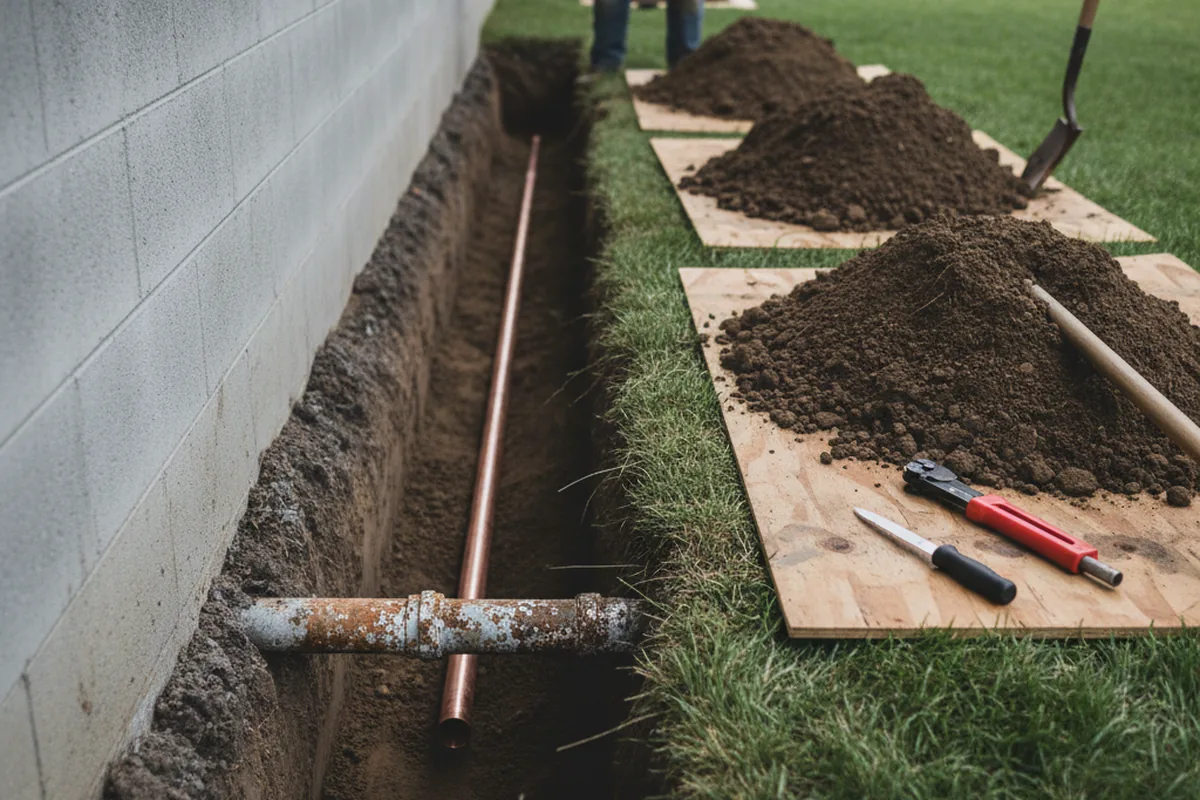 Excavated water line trench during Sewer Line Repair in Summerdale